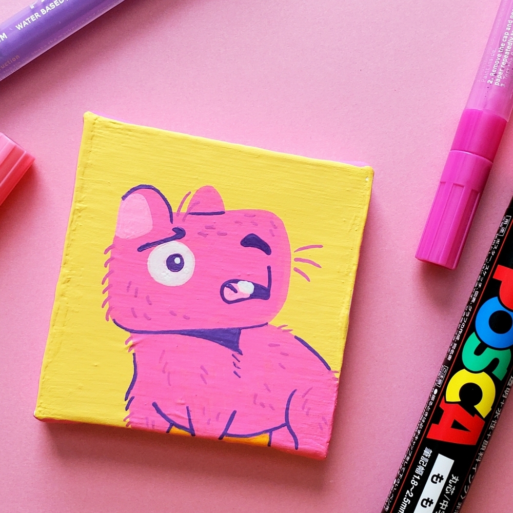 Original Vibrant Cute Pink Capybara Mini  2.75" Acrylic Painting By Mattoodles